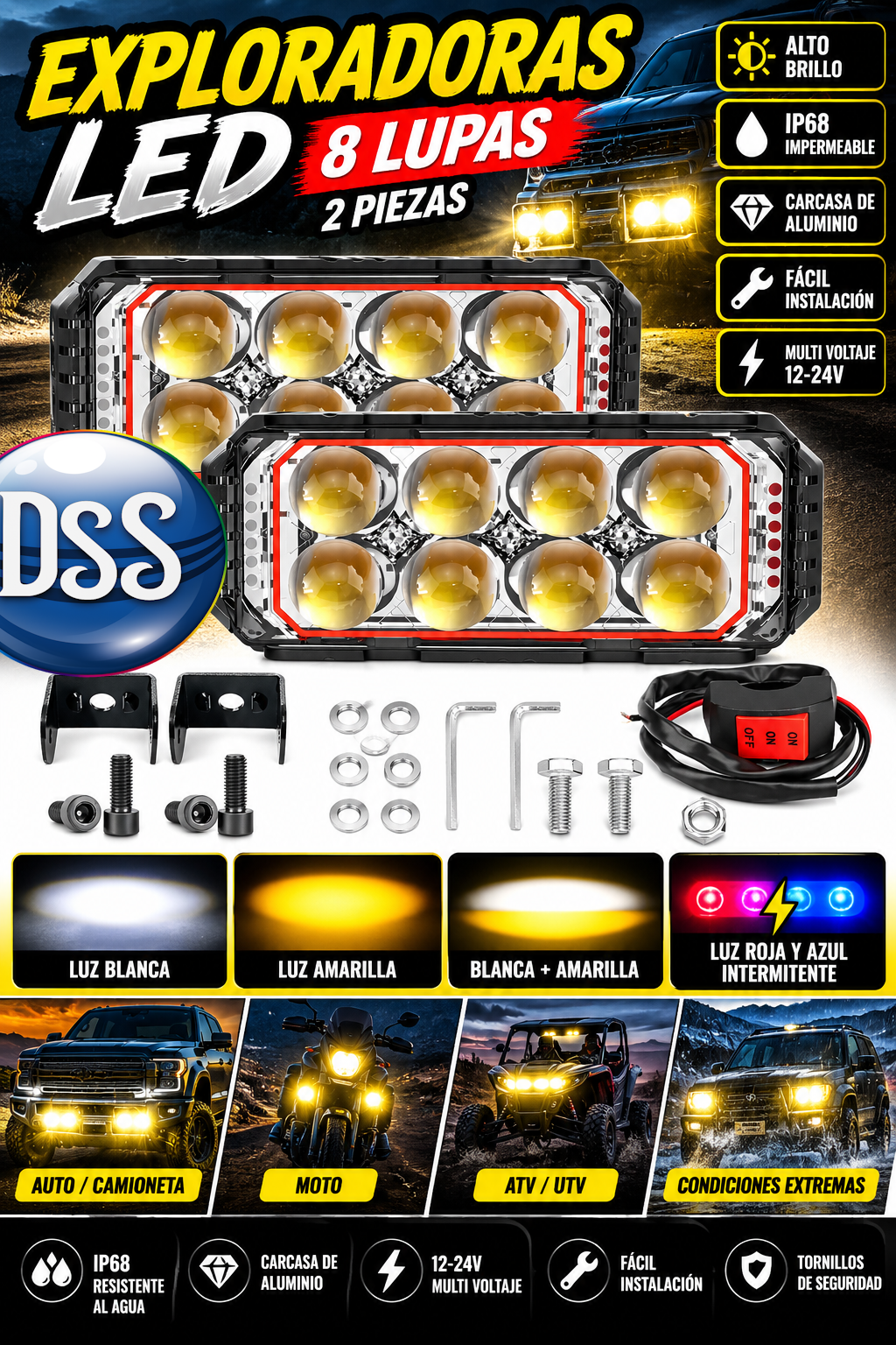 Par de barras de luz Led Antiniebla de 8 Lupas 5 modos